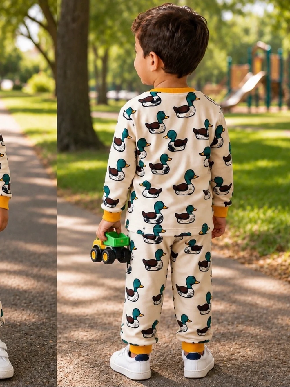 Cream Duck-Print Kids Set with Yellow Trim
